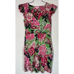 Lilly Pulitzer Clare‎ Silk Blend V-Neck Vibrant Pink Floral Ruffle Dress Size XS